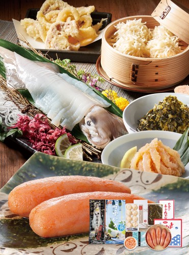 【2026年6月1日より順次出荷】送料無料 贅沢 呼子のいか尽くし(呼子剣先いか活造り1杯・2人前、いかしゅうまい大丸8個入、いかめんたい90g、無着色辛子めんたい240g、めんたい辛子たかな250g) 福さ屋 辛子明太子 明太子