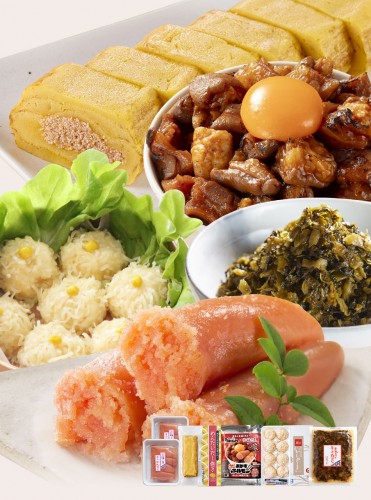 送料無料 博多名物満足詰め合わせ帰省土産セット(切子無着色辛子めんたい120g×2パック、めんたいだし巻き、めんたいおかずホルモン150g 、萬坊いかしゅうまい大まる)めんたい辛子たかな130gプレゼント